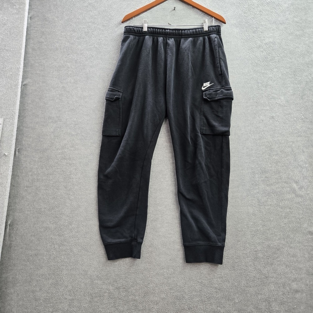 Nike Men Pants L Black Cargo Fleece Jogger Logo Embroidered